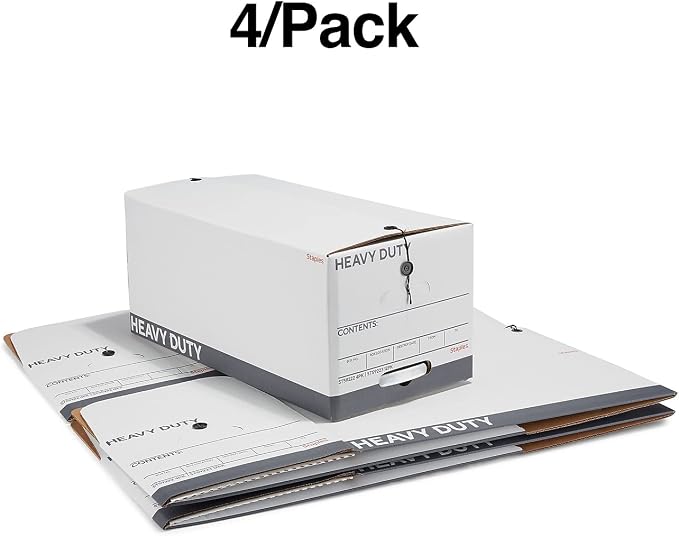 STAPLES Storage & Filing Box, Heavy-Duty with Handles & String-Button Lid, Letter Size Documents, Stackable, 4-Pack, White/Gray | Heavy-duty boxes with handles and string-button lid for document storage. - Image 9