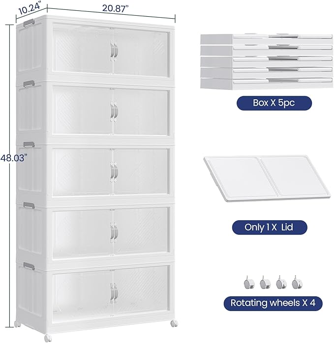 300QT Extra Large Stackable Storage Bins with Lid, 75Gal Plastic Closet Organizers and Storage Drawer, Collapsible Cabinet Box with Wheels Clear Doors for Home Kitchen Garage, 5Pack White - Image 2