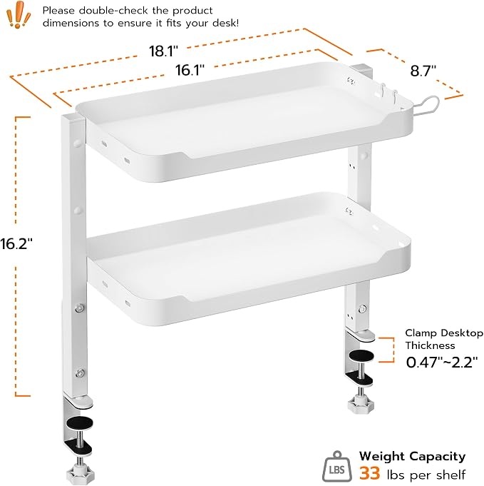 ARES WING 2-Tier 16 inch Clamp On Desk Shelf, Above or Under Desk Storage | Adjustable Desktop Organizer Shlef Holds 66 lbs Heavy Duty, with Headphone Holder for Working and Gaming Accessories, White - Image 2
