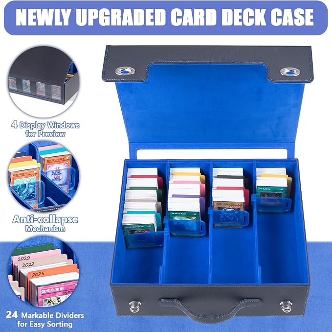4-Row 3000+ Trading Card Storage Box for MTG, Card Deck Box with Snap-fit Design, 4 Card Sleeves, 8 Stoppers, 24 Dividers (4-Rows Black-Blue) - Image 4