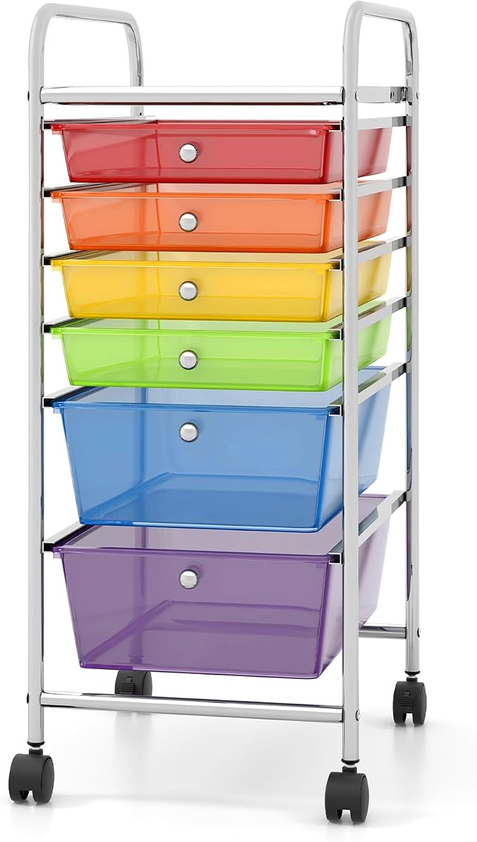 COSTWAY 6-Drawer Rolling Storage Cart, Art Craft Tools Organizer on Wheels | Multifunctional Heavy Duty Utility Mobile Storage Trolley w/ 2 Lockable Wheels for Home Office School (Rainbow) by COSTWAY