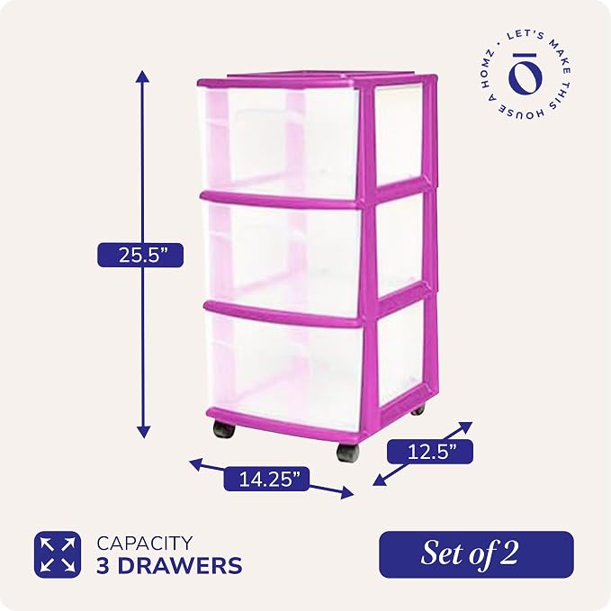 HOMZ 2-Pack Drawer Tower, 3-Tier Clear Plastic Storage Organizer Cart, Purple Frame - Organizing Containers with Wheels for Home, Bathroom, Bedroom, Office, and Classroom - Image 3