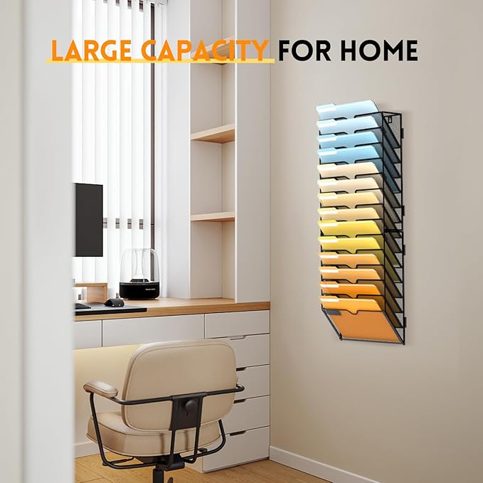 14 Tier Wall File Organizer, Hanging Wall Mounted Mail Organizer with Label Slots, Metal Mesh File Holder Magazine Rack for Office, Home, School or Classroom, Black - Image 2