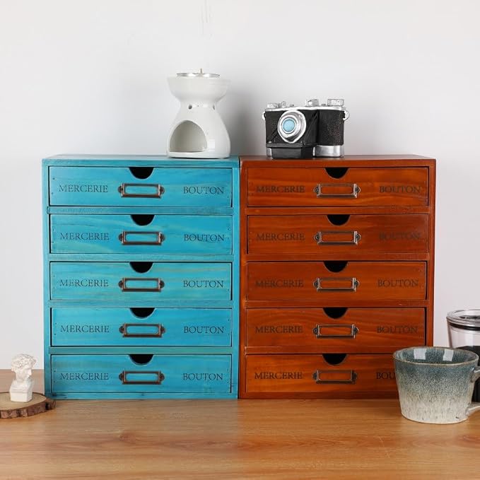 Small Wooden Drawers Wooden Box with Drawer, Blue 5 Wood Drawer | Countertop Storage Box for Apothecary Cabinet, Apothecary Drawers，Desktop Organizer for Office，Home - Image 7