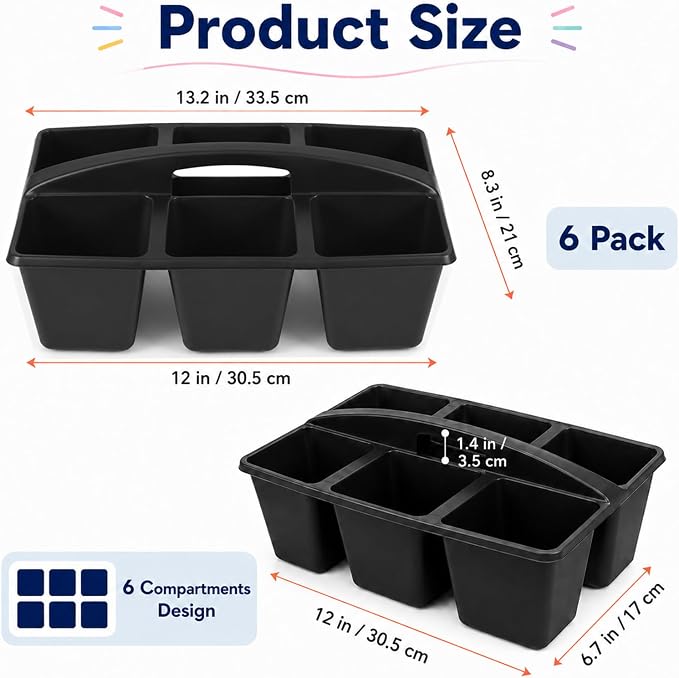 6 Pack Assorted Colors 6 Compartment Classroom Caddy with Handle Portable Plastic Storage Classroom Caddies Organizer for Classrooms Supply Teacher Office Table Desk(Black) - Image 2