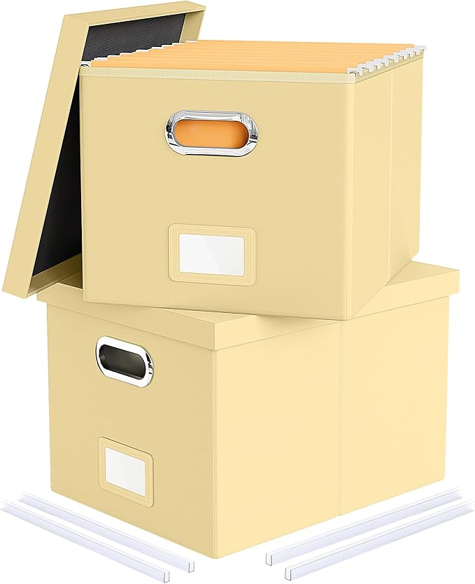 2 Pack File Storage Organizer Box, Portable Document Box with Lid,Fit for Letter/Legal File Folder Storage,Cream-yellow(Leather) by Oterri
