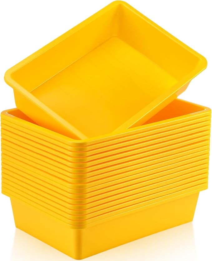 18 Pcs Flat Storage Organizer Bins Letter Size Paper Tray Classroom Storage Plastic Art Trays Classroom Pencil Organizer Baskets for School Office Teacher Book Organization(Yellow) by Hoteam