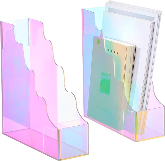 Engrowtic 2 Pcs Iridescent Acrylic Magazine File Holders, Water Ripples Vertical File Organizer, Colorful Acrylic Folder Organizers for Desk Office Classroom Decor Document Storage Back to School by Engrowtic