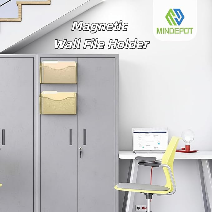 MINDEPOT Magnetic Wall File Organizer, Hanging File Holder, 3 Pack, Gold | Heavy Duty Iron, Powerful Magnet, Metal Mesh Wall Mount, Single Pocket, for Office School Classroom Home, Letter A4 Size - Image 6