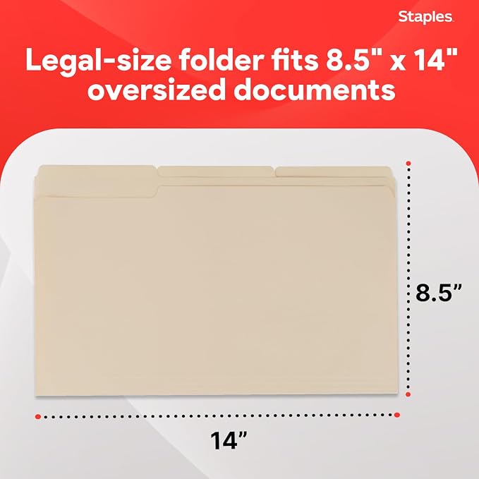 Staples Recycled File Folders, Legal Size, 1/3-Cut Tabs, Manila, 100/Bx | Manila stock with durable tabs for everyday document organization. - Image 3