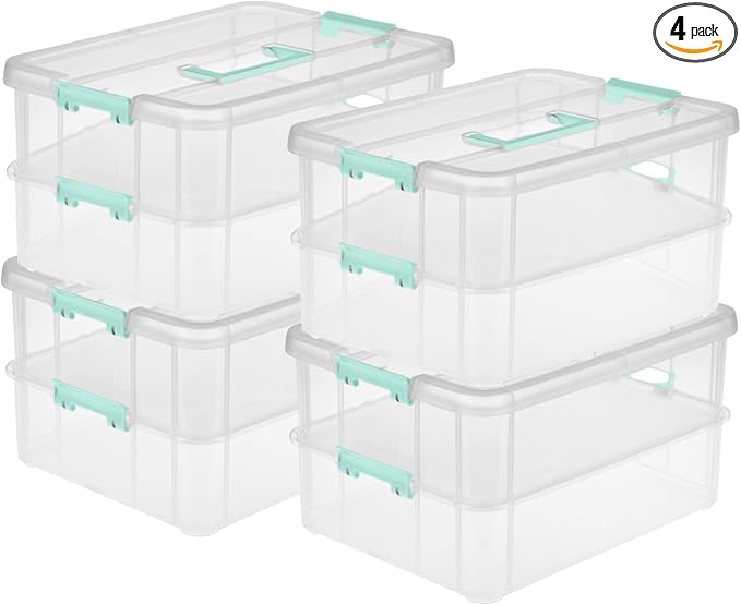 Sterilite Stack & Carry 2-Layer Handle Storage Box with Lids, 4-Pack | Clear and Stackable Plastic Containers for Organizing Holiday Decor, Home Items, Office Accessories, and Desk Essentials by Sterilite