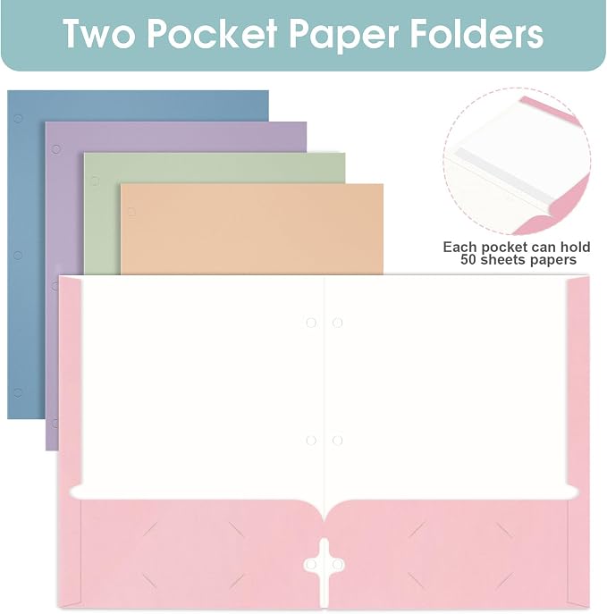 120 Pack Folders with Pockets, 2 Pocket Folder Bulk, Letter Size for School | Soft Colors, 3 Hole Punched with Business Card Slot, 100 Sheets Capacity, Suitable for Office Home, Back to School - Image 3