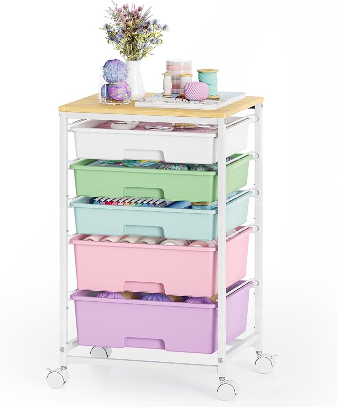 SYKIARIOL 5-Tier Rolling Cart with Drawers with Wooden Top, Ice Cream | Mobile Craft Storage Drawer Cart Trolley for Home Office, Classroom, Craft Room & Kid Room by SYKIARIOL