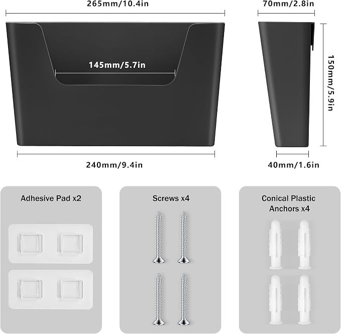 JOMOLA No Drilling File Holder 2 Pack Mail Organizer Wall Mount File Organizer Holder Office Wall Hanging Files Magazines Organizer Plastic Door Mount Wall Pocket with Adhesive Pad, Black Color - Image 2