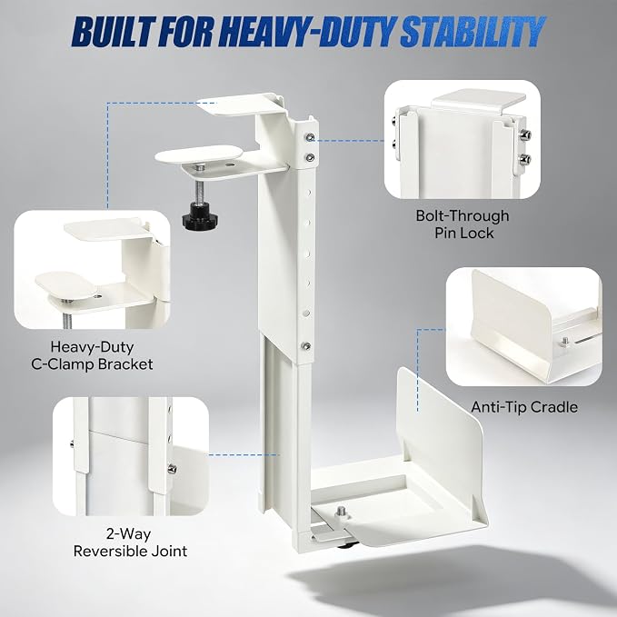 Adjustable Under Desk PC Mount, Heavy Duty No Drilling Clamp Mount on Desk Fits Most PC Tower 14.5”-22.4” (H) , Thickened & Ultra Strong CPU Holder for Standing Desk & Home Office, White - Image 5