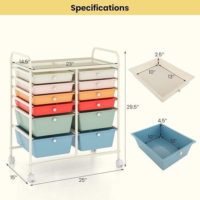 Moccha 12-Drawer Rolling Storage Cart - Utility Cart on Wheels with Lockable Casters for Craft Art Supply Paper Salon, Mobile Drawer Carts for Classroom Teacher School Office, Macaron - Image 2