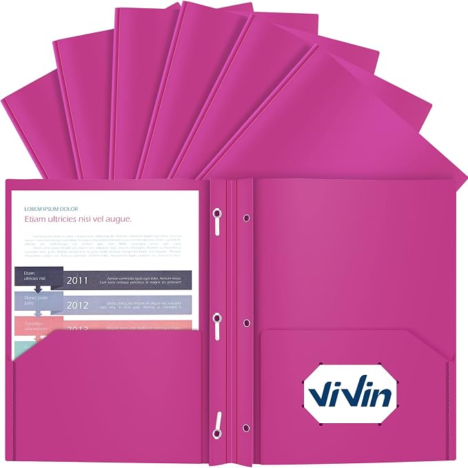 ViVin 12 Pack Plastic Folders with Pockets and Prongs, Heavy Duty 2 Pocket Folders with 3-Prong Fasteners, Poly File Holds 8-1/2" x 11" Paper for School Office Home (Purple) by ViVin