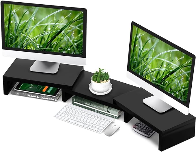 TAVR Monitor Stand Riser, Office Desktop Organizer Stand for 2 Monitors | Adjustable Length and Angle 3 Shelf, Extra Long Multifunctional Wooden Stand up to 43.3" fit Computer, Laptop, TV, Black by TAVRFurniture