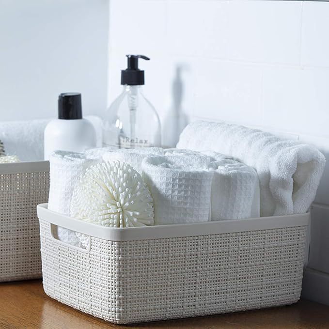 Curver Set of 8 Small 4.5L Jute Decorative Plastic Organization and Storage Baskets - Perfect Bins for Home Office, Closet Shelves, Kitchen Pantry and All Bedroom Essentials, White - Image 9