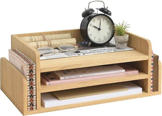 KIRIGEN Wood Desk Organizer, 5-Tray Letter Tray and Mail Sorter Natural 2TP | Solid Wood 3-Tier Desktop Organizer with 5 Storage Areas for Mail, Folders, Letter Paper and Office Supplies, Fully Assembled by KIRIGEN