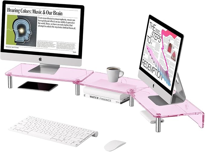 Pink Acrylic Dual Monitor Stand Riser，Adjustable Length Angle for 2Monitors | Double Computer Monitor Riser for Desk with Anti Slip Pad，Desktop organizer Stand for Laptop,PC,Printer,TV，Desk Accessories by HEWYIOS