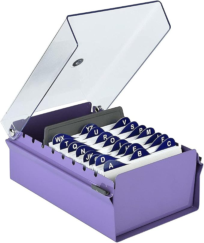 Acrimet 3 x 5 Card File Holder Organizer Box Metal Base Heavy Duty (AZ Index Cards and Divider Included) (Purple Color with Clear Crystal Plastic Lid Cover) by Organizingyourlife