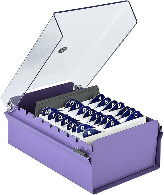 Acrimet 3 x 5 Card File Holder Organizer Box Metal Base Heavy Duty (AZ Index Cards and Divider Included) (Purple Color with Clear Crystal Plastic Lid Cover) by Organizingyourlife