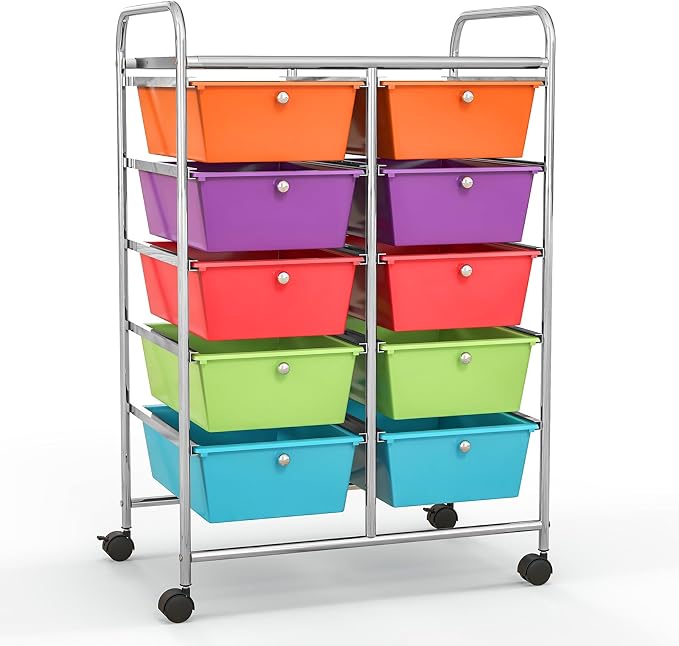 Giantex 10 Drawers Rolling Cart, Classroom Organizers, Storage Cart with Wheels, for Teacher Office Home School Supplies Tool Craft Art Paper, Rainbow Color - Image 9