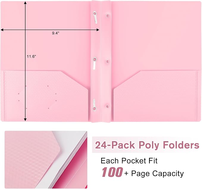 24-Pack Plastic andPockets and Prongs,2-Pocket and3 Fasteners, Pastel Folders Holds US Letter Size Paper for School/Office/Home, Pink - Image 4