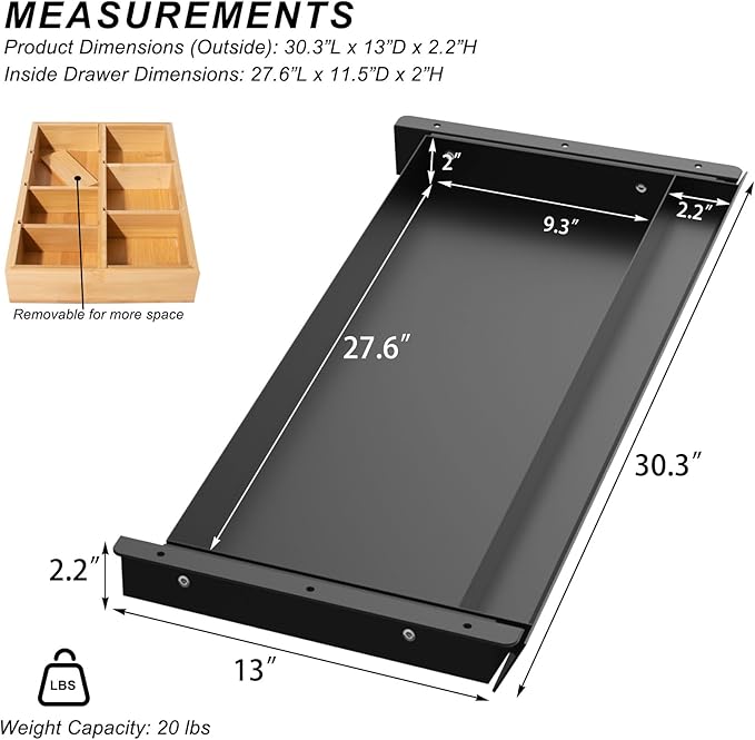 Large Under Desk Mounted Sliding Drawer with Bamboo Tray and 60 Degree Tilt Panel to Pull Out, 30'' Long & 13'' deep Large Storage Organizer for Sit Stand Workstation - Image 3