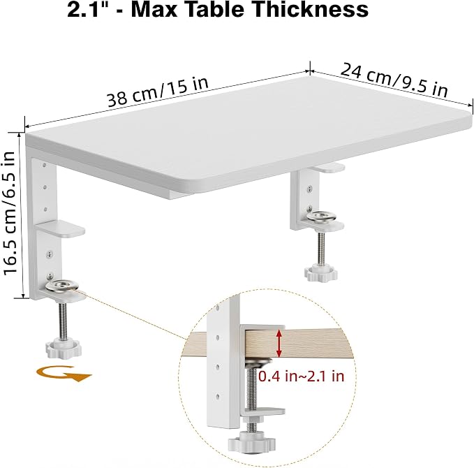 Desk Extender, 15-inch Clamp-On Desk Shelf, Height-Adjustable Desktop Shelf Organizer for Monitors Office and Gaming Accessories, Arm Support Table Extension, 44lbs Heavy Duty, White - Image 2