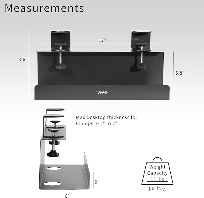 VIVO No Drill Clamp-on 17 inch Power Strip Cable Management Trays, Under Standing Desk Steel Cord Organizer, Black, 2 Pack, DESK-CM6L-2B - Image 3