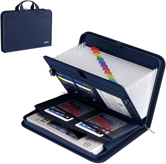 Fireproof & Waterproof Accordion File Organizer – Fireproof File Folder with Handle, 13-Pocket Expanding Paperwork Organizer for A4/Letter Documents, Travel File Storage (Blue) by Unknown