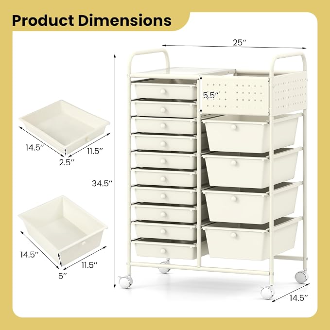 GOFLAME 14-Drawer Rolling Storage Cart with Pegboard, Craft Storage Cart with Lockable Wheels and Metal Frame, Multifunctional Art Cart Supply Storage Organizer for Home Office Classroom, White - Image 3