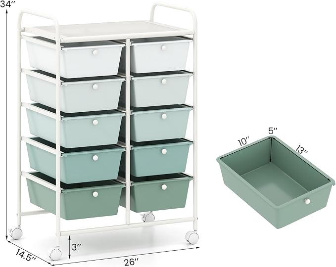 Giantex 10 Drawers Rolling Cart, Classroom Organizers, Storage Cart with Wheels, for Teacher Office Home School Supplies Tool Craft Art Paper, Green Gradient - Image 3