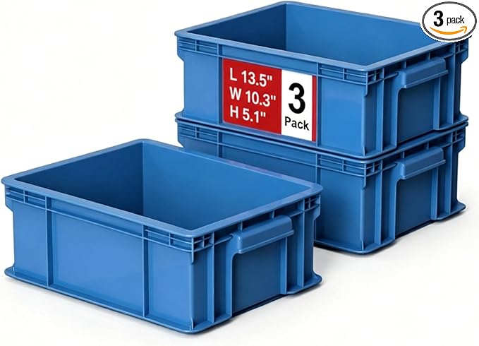 3-Pack Heavy Duty Part Bins, Stackable Tool Storage Bin for Hardware | Straight Wall Container for Screws, Nuts & Bolts, Industrial Organizer Bin for Wearhouse & Factory (13.5"L*10.3"W*5.1"H) by Mudygelay