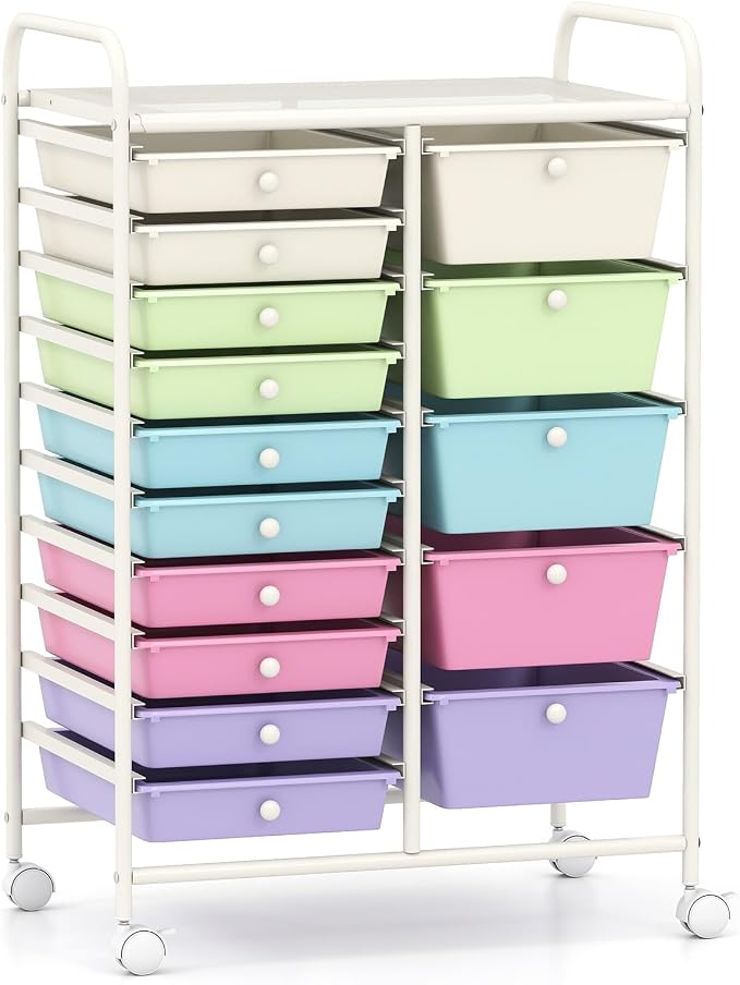 COSTWAY 15 Drawer Rolling Storage Cart, Mobile Utility Cart with Lockable Wheels, Drawers, Multipurpose Organizer Cart for Home, Office, School, Ice Cream Multicolor by COSTWAY