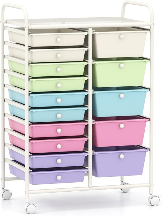 COSTWAY 15 Drawer Rolling Storage Cart, Mobile Utility Cart with Lockable Wheels, Drawers, Multipurpose Organizer Cart for Home, Office, School, Ice Cream Multicolor by COSTWAY
