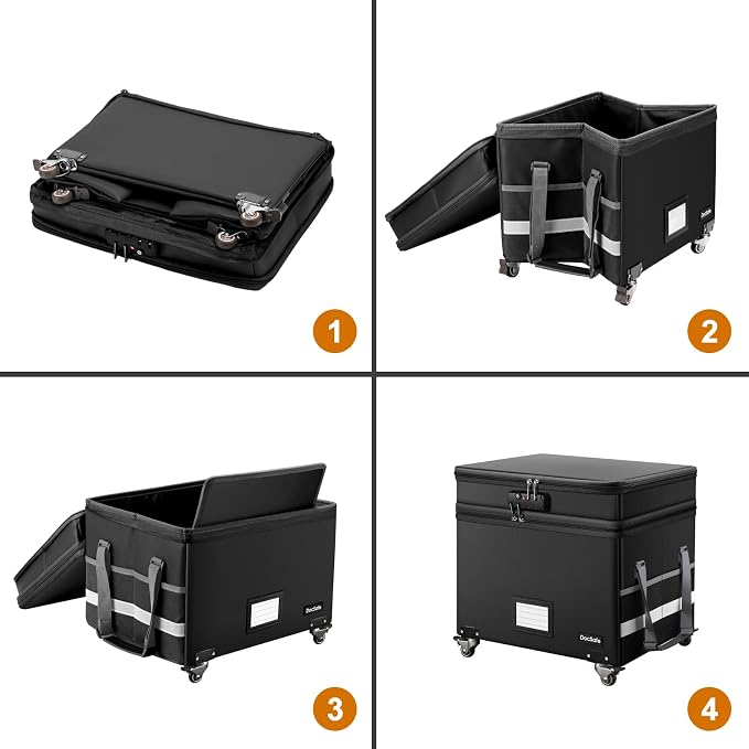 DocSafe Fireproof Document Box with Lock,2-Layer File Box with Wheels,Collapsible File Storage Organizer with Pockets,Large Portable Home Filing Cabinet for Hanging Folders,Black,16''x13.8''x12.2'' - Image 9