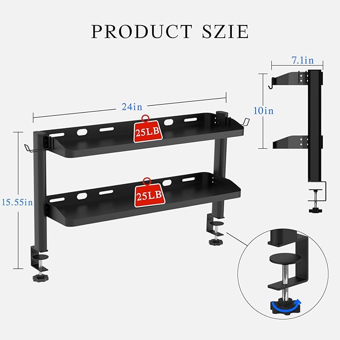 Clamp on Desk Shelf, 24in 2-Tier Office Desk Shelves Organizer, Shelf for Top of Desk with Headphone Holder and Hooks, Desktop Storage Rack for Home Workspace, Study Rooms, Gaming Accessories - Image 3