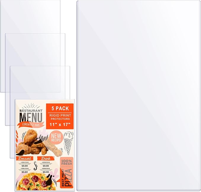 AKONEGE 5Pcs 11" x 17" Rigid Print Protectors Hard Plastic Sleeves for Prints, Menu Cover, Heavy Duty Sheet Poster Protectors Clear Plastic Sleeves for Paper Photos Documents Magazines, Vertical by AKONEGE