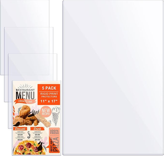 AKONEGE 5Pcs 11" x 17" Rigid Print Protectors Hard Plastic Sleeves for Prints, Menu Cover, Heavy Duty Sheet Poster Protectors Clear Plastic Sleeves for Paper Photos Documents Magazines, Vertical by AKONEGE