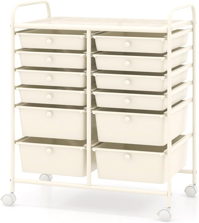 COSTWAY 12-Drawer Rolling Storage Cart, Moveable Art Craft Organizer | Lockable Wheels, Metal Shelf, Files Arrangement Tools Makeup Storage Cart for Office, Home, School (White) by COSTWAY