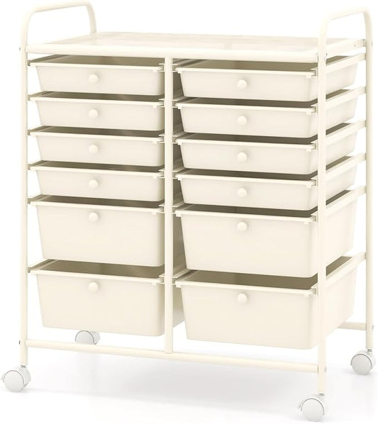 COSTWAY 12-Drawer Rolling Storage Cart, Moveable Art Craft Organizer | Lockable Wheels, Metal Shelf, Files Arrangement Tools Makeup Storage Cart for Office, Home, School (White) by COSTWAY