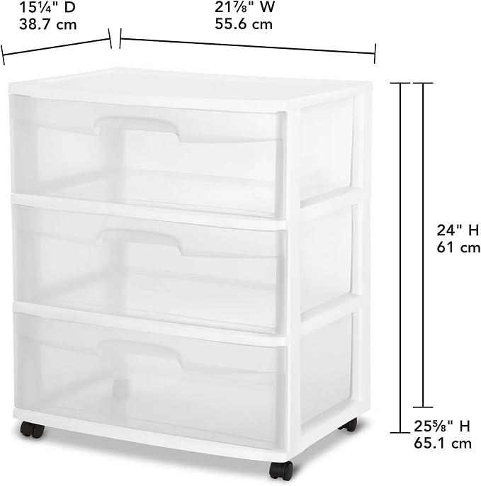 Plastic Storage Drawer Cart, Medium Home Organization Storage Container with 3 Large Clear Drawers With Wheels (White) - Image 3