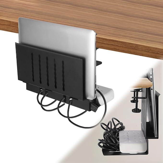 LUKETURE Desk Side Storage, Under Desk Laptop Mount with Cable Tray | 2-in-1 Steel laptop mount clamps to desk side, no drilling. Built-in cable tray hides cords. Holds 30 lbs, Office and Home by LUKETURE