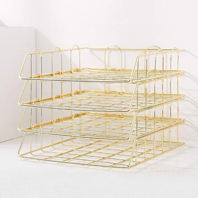 Jolitac Rose Gold 4-Tier Stackable Paper Tray Desk Organizer, Workspace Decorative Stacking Rack Supplies Holder, Metal Letter Trays for File Documents in Home & Office (Gold) - Image 4