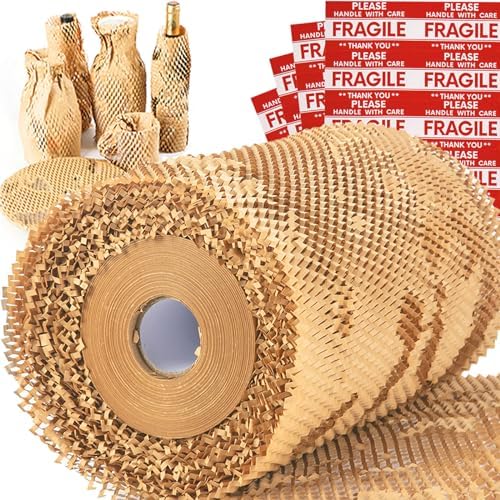 Honeycomb Packing Paper Wrap 15''x20520" (1710 ft), Substitute Alternative for Bubble Cushioning Wrap for Moving Shipping Packaging, Recyclable Moving Supplies with 48 Fragile Sticker Labels by NAPALOOK
