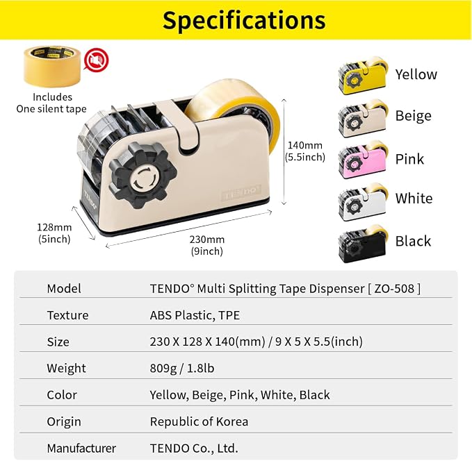 [TENDO°] TENDO Multi-Section Tape Dispenser, Custom Width Tape Cutter with 4 Cutting Sections, Built-in Safety Blade, Ergonomic Grip for Packing and Office Use, ZO-508(Beige) - Image 8