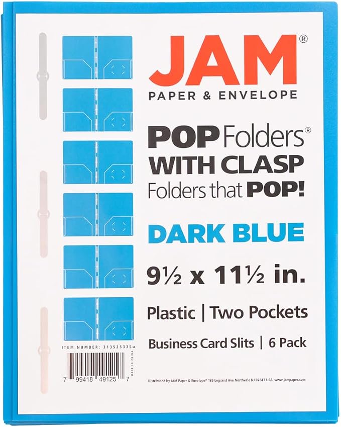 JAM PAPER Plastic Color POP Folders - 2 Pocket Durable Folders with Metal Prongs Fastener Clasps - Blue - 6/Pack - Image 8